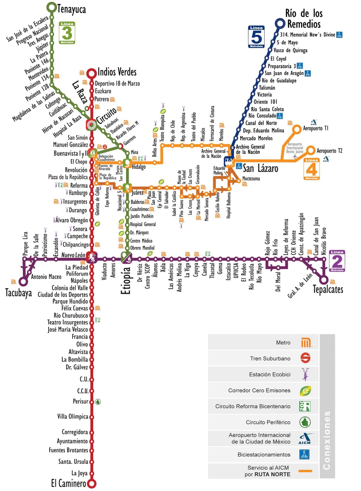 メキシコシティのMetrobús路線網の地図