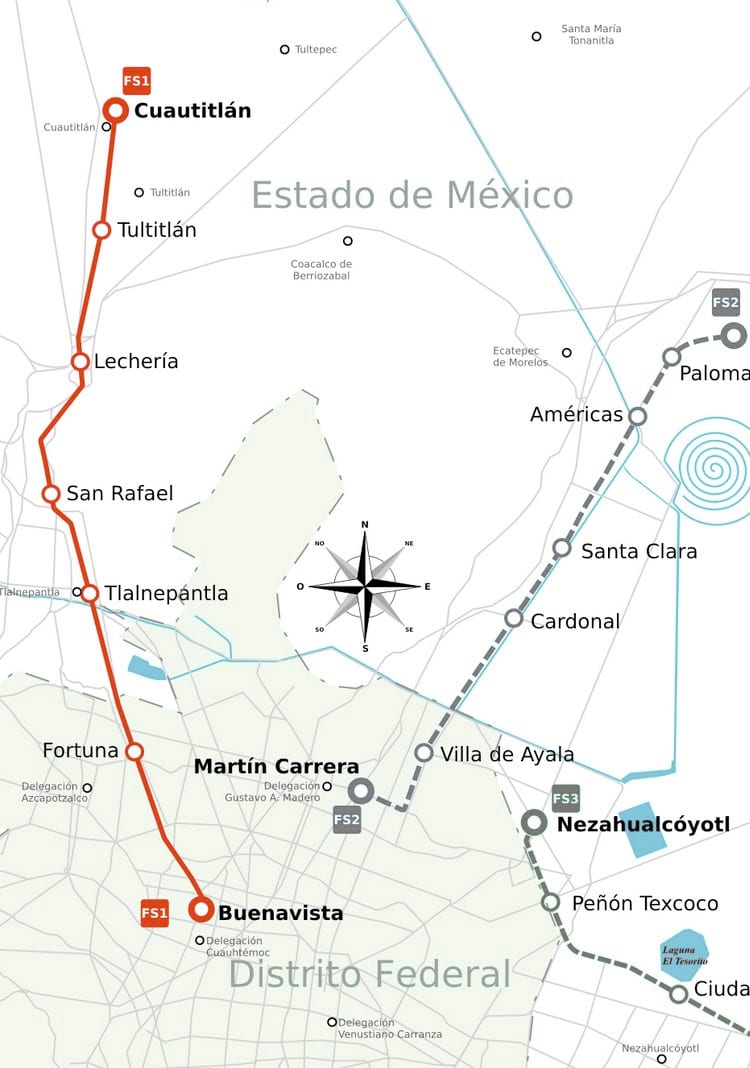 メキシコシティの都市鉄道・近郊鉄道網の地図